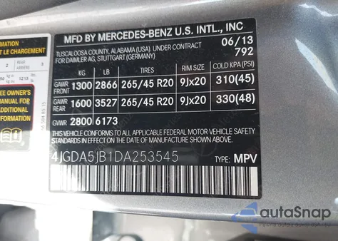 2013 Mercedes-Benz Ml 350 from USA, damaged, VIN 4JGDA5JB1DA253545